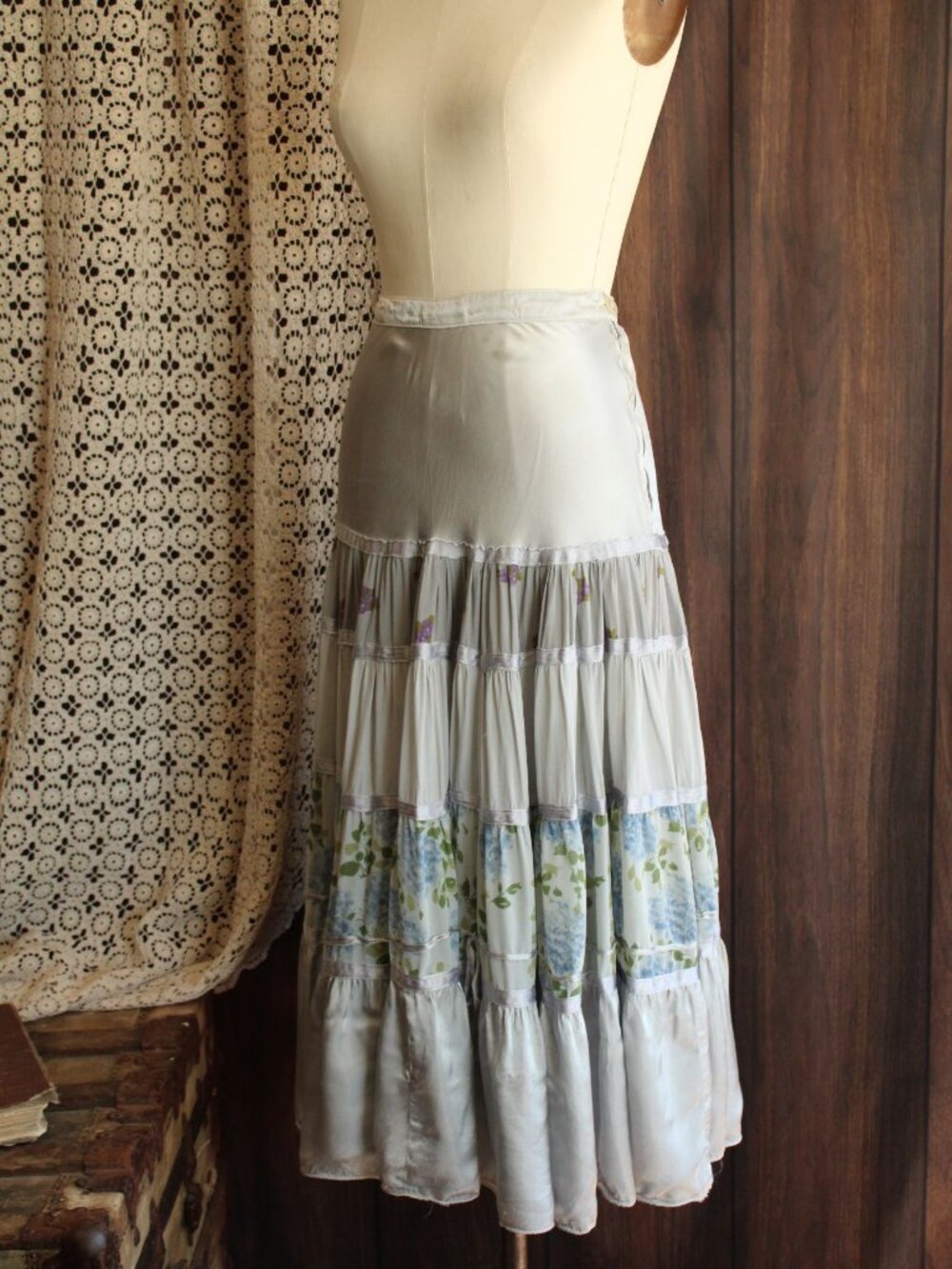 Vintage 1960s 1970s Skirt, Tea Length Silver Silk and Floral Print with Tiered R - Picture 8 of 10